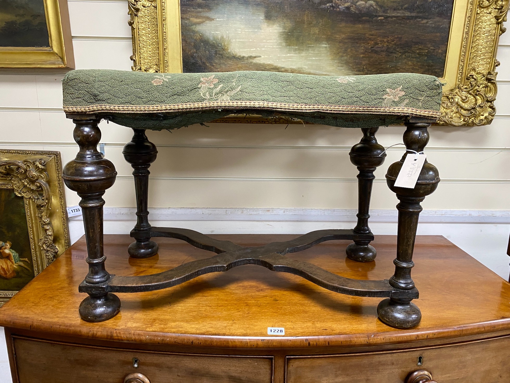A William and Mary style beech X-framed dressing stool width 65cm, depth 36cm, height 47cm.